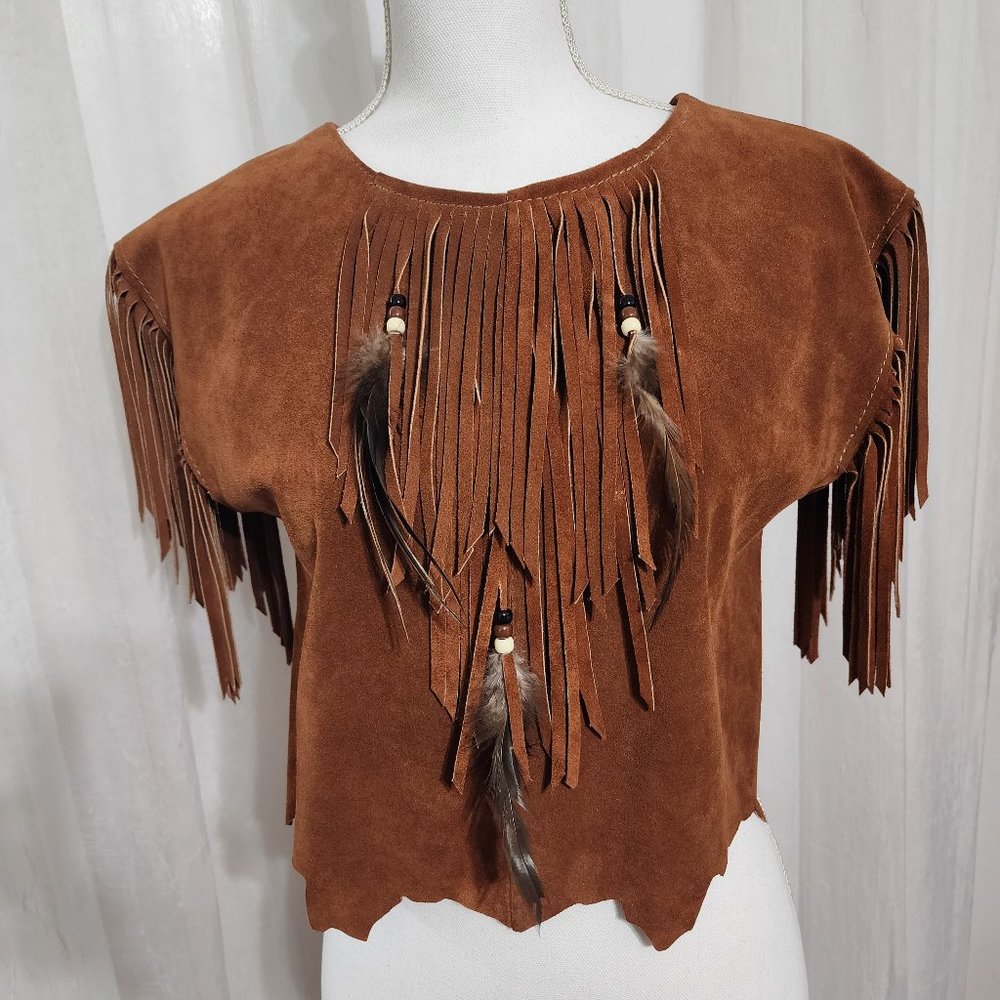 Vintage HB Leather Halter Western Top Feather Fringe Beads Made in USA